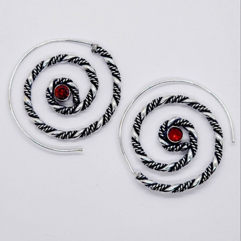 Elegant Silver and Garnet Spiral Earrings